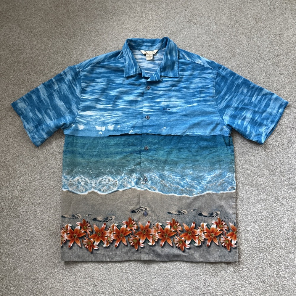 Vtg Guess Tropical Sol Hawaiian‎ Camp Shirt XL Loop Collar Blue Ocean Beach AOP